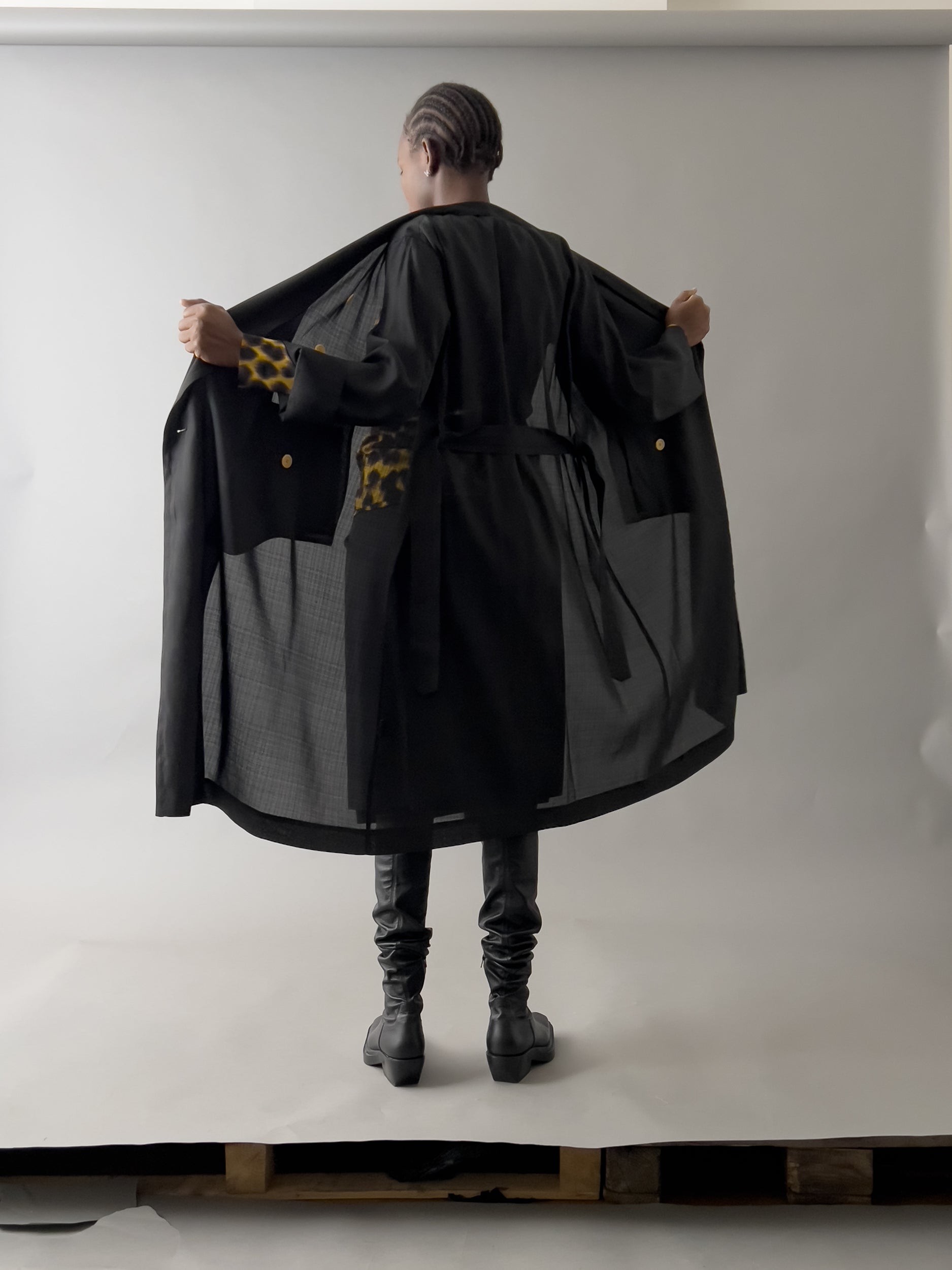 Ref. DRESSING GOWN C - matte blk silk organza coat