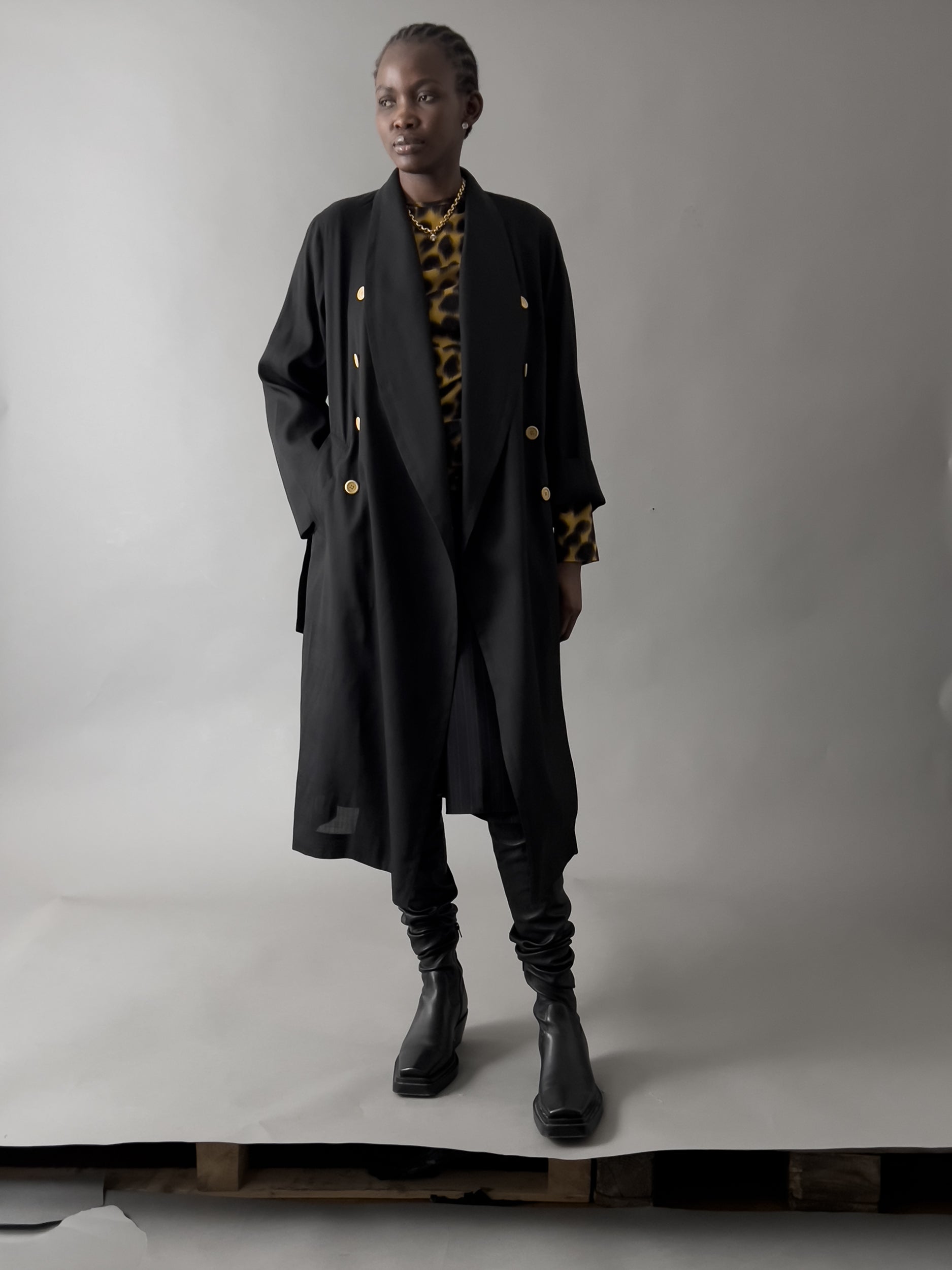 Ref. DRESSING GOWN C - matte blk silk organza coat