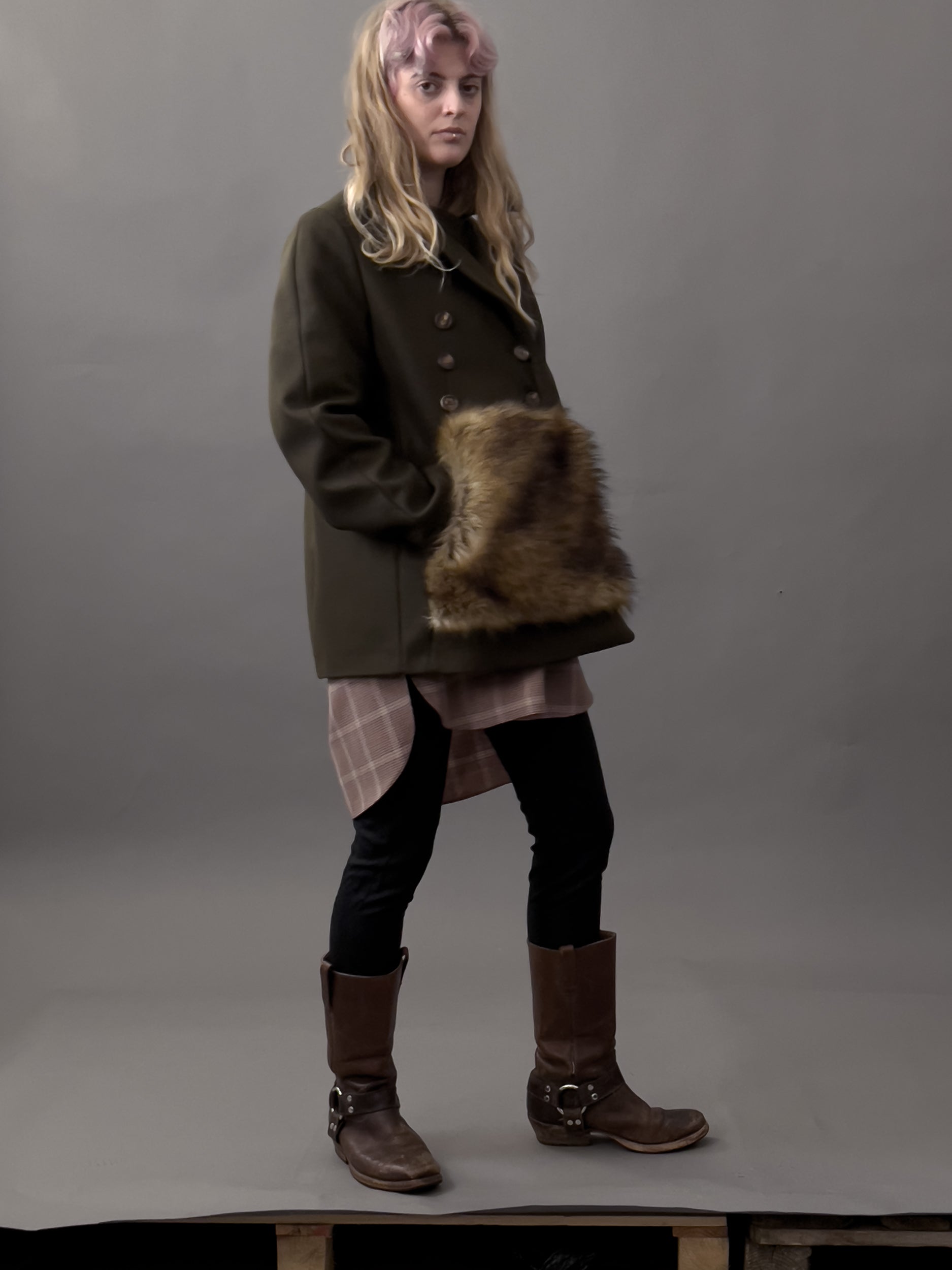 Ref. MUFF COAT- olive green wool melton and fake fur peacoat