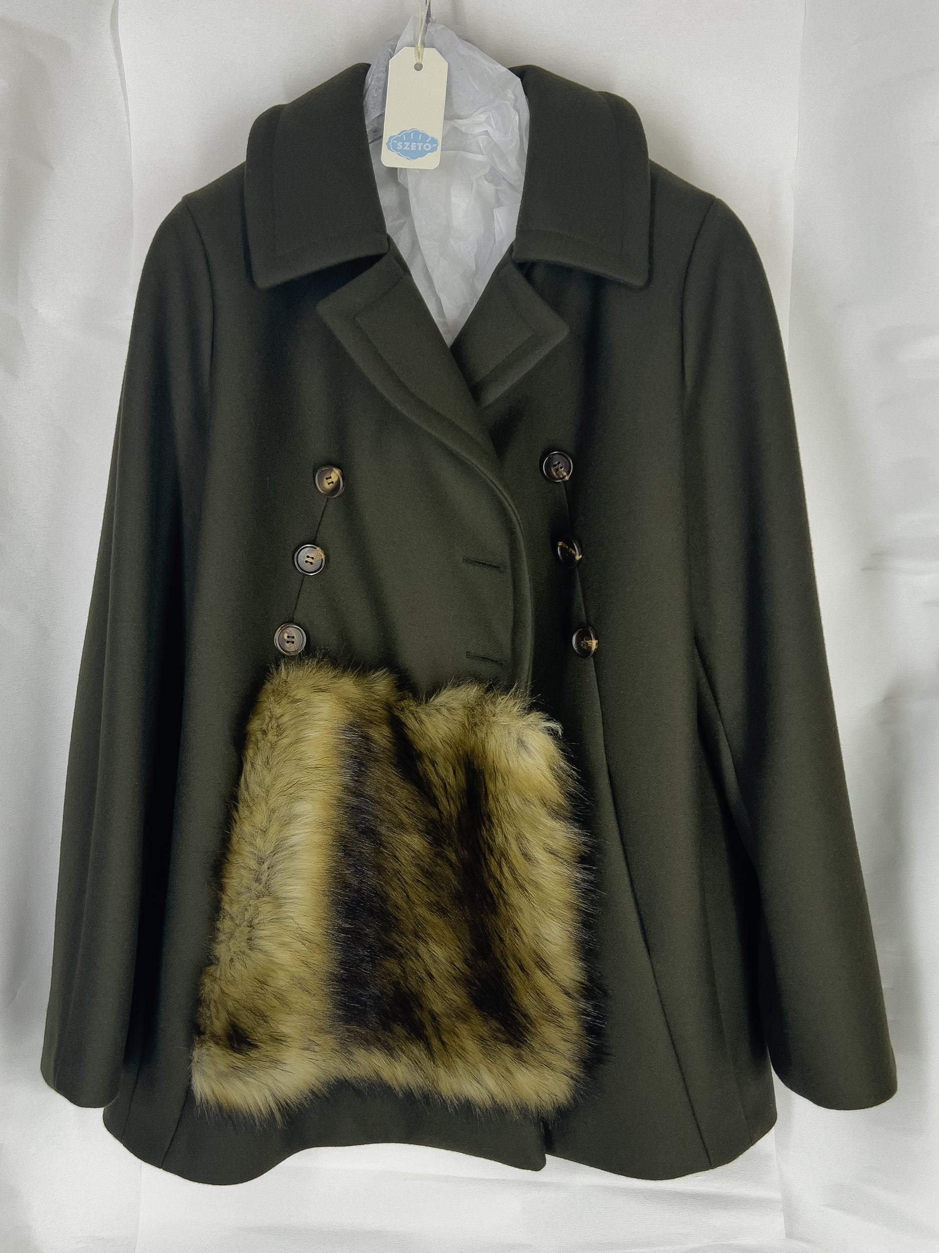 Ref. MUFF COAT- olive green wool melton and fake fur peacoat