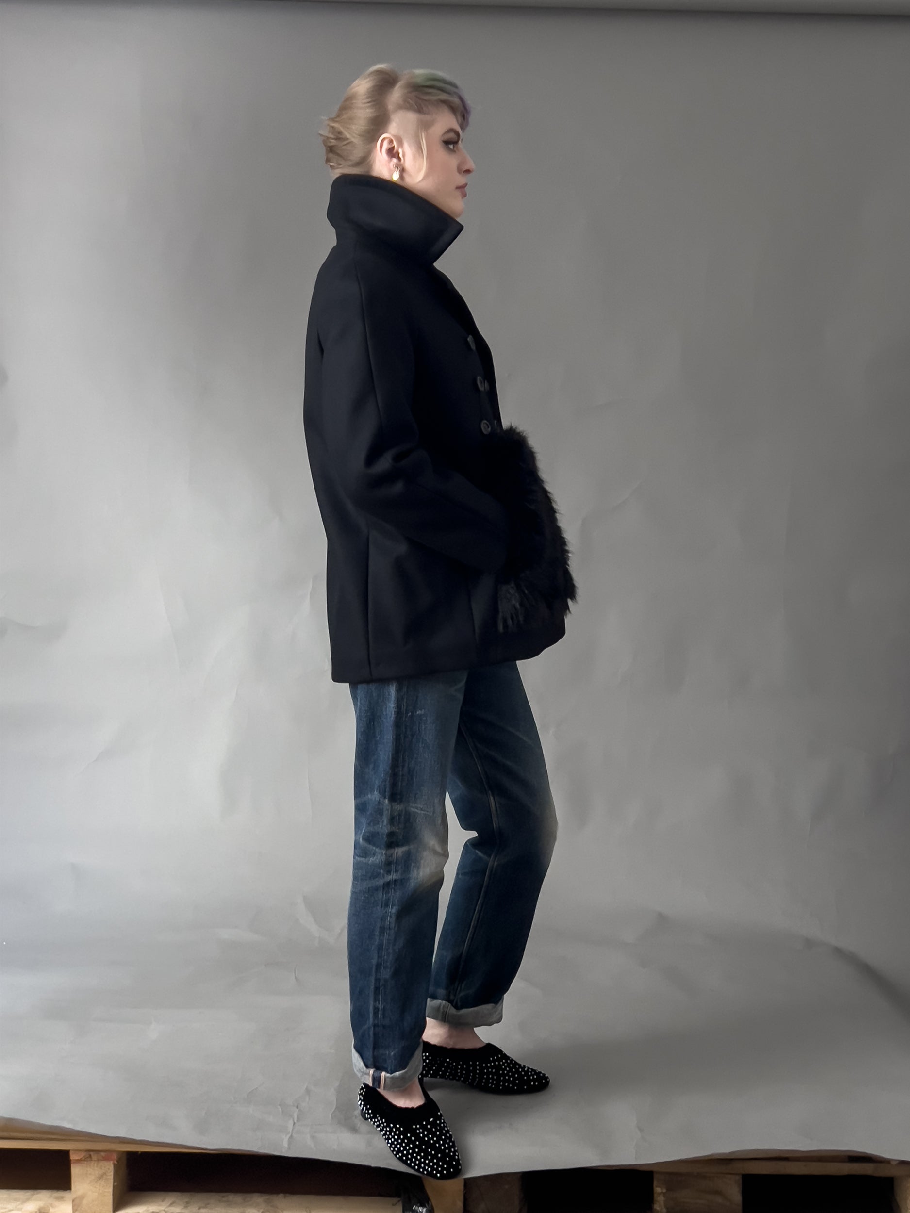 Ref. MUFF COAT- black melton, fake fur pea coat