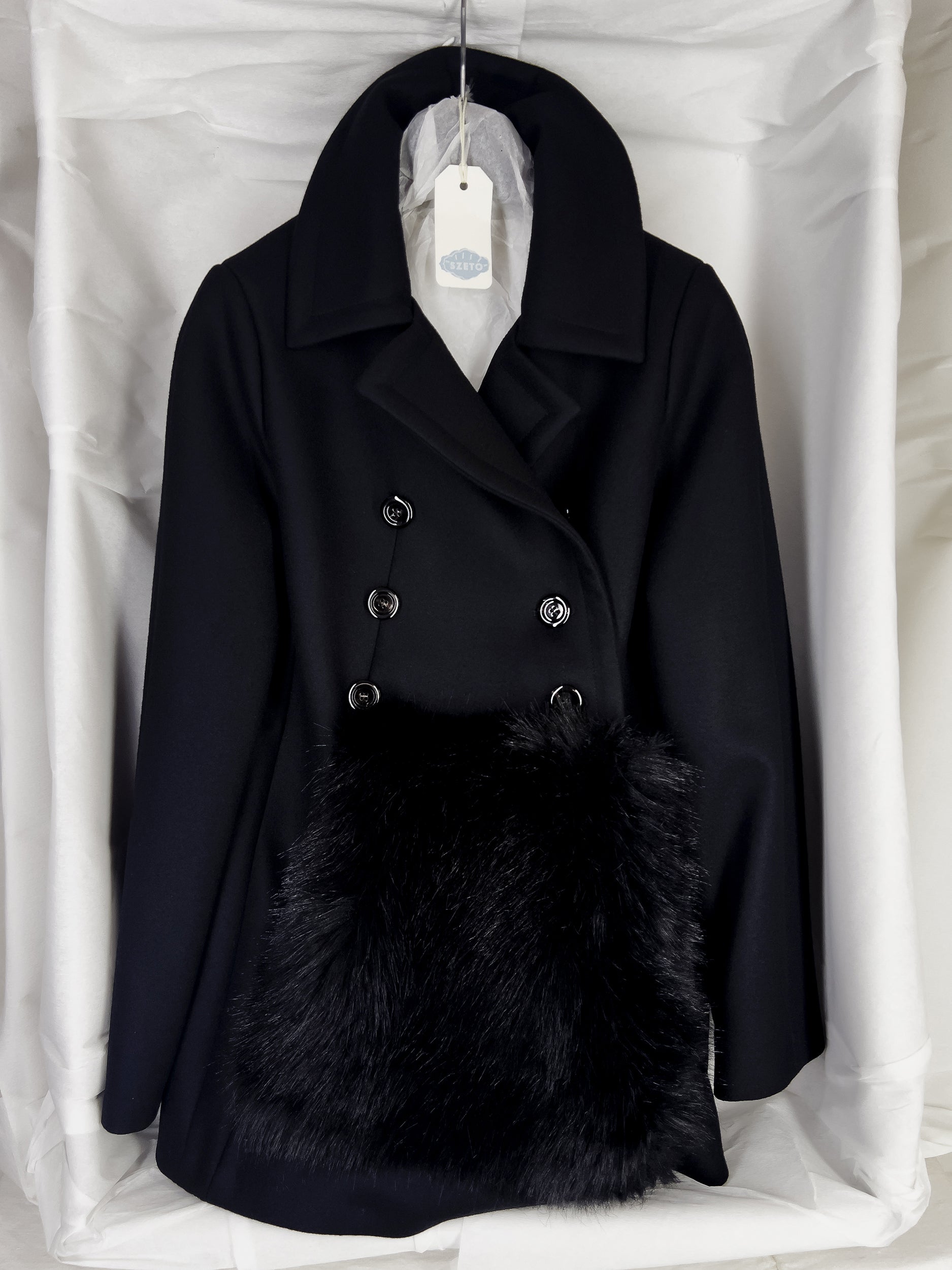 Ref. MUFF COAT- black melton, fake fur pea coat