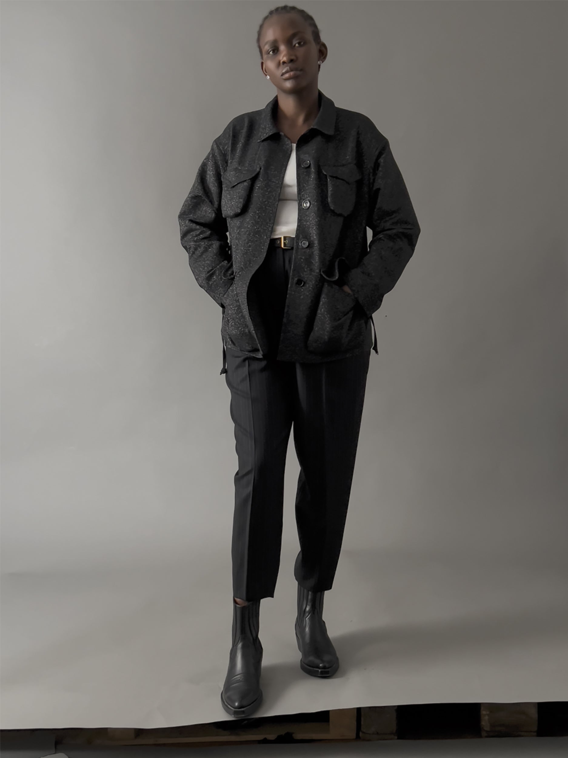 Ref. M & M Jacket - gunmetal & matte silver brocad jacquard jacket