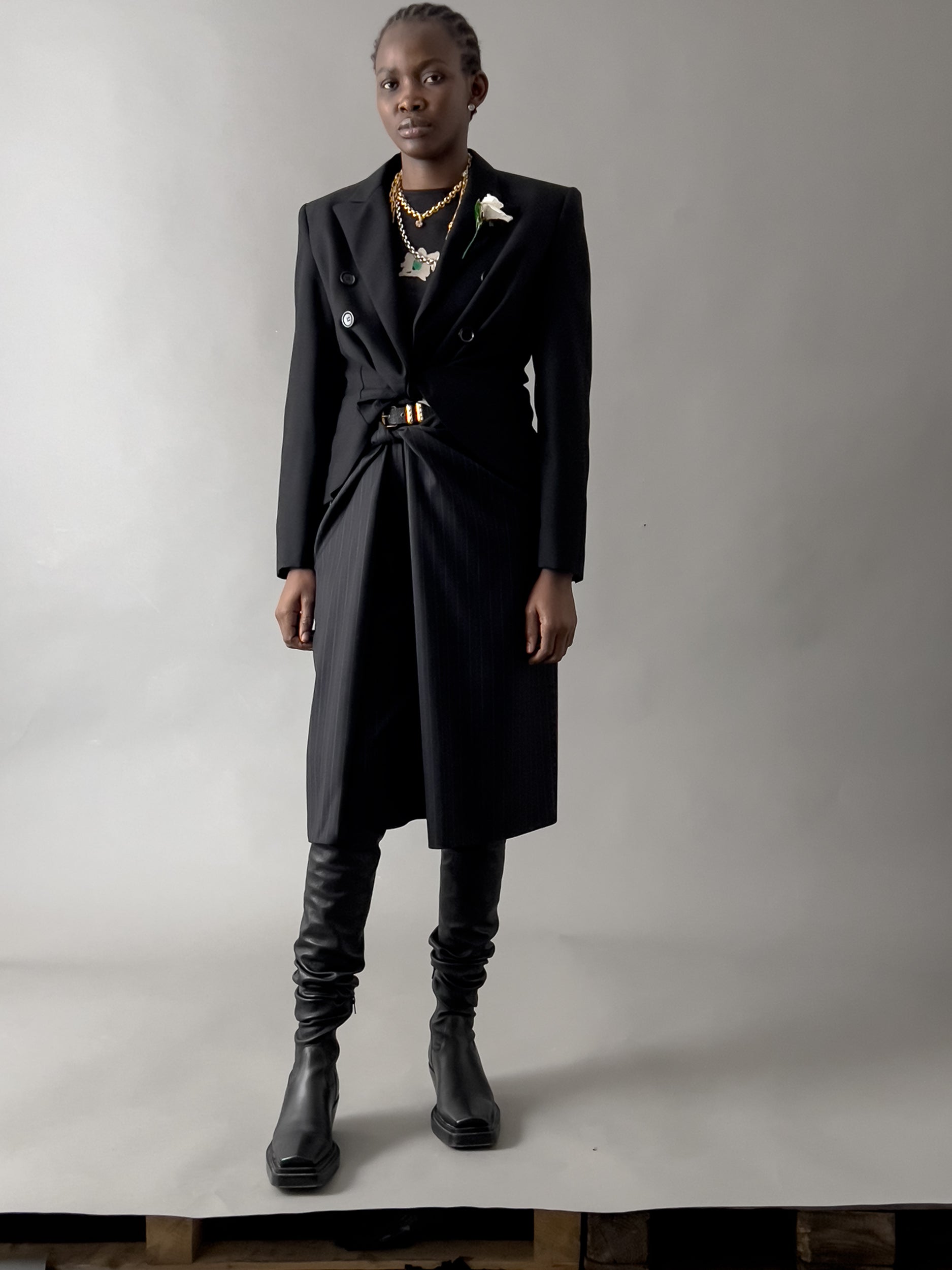Ref. SWEATER JACKET- black pressed wool crepe twist jacket.