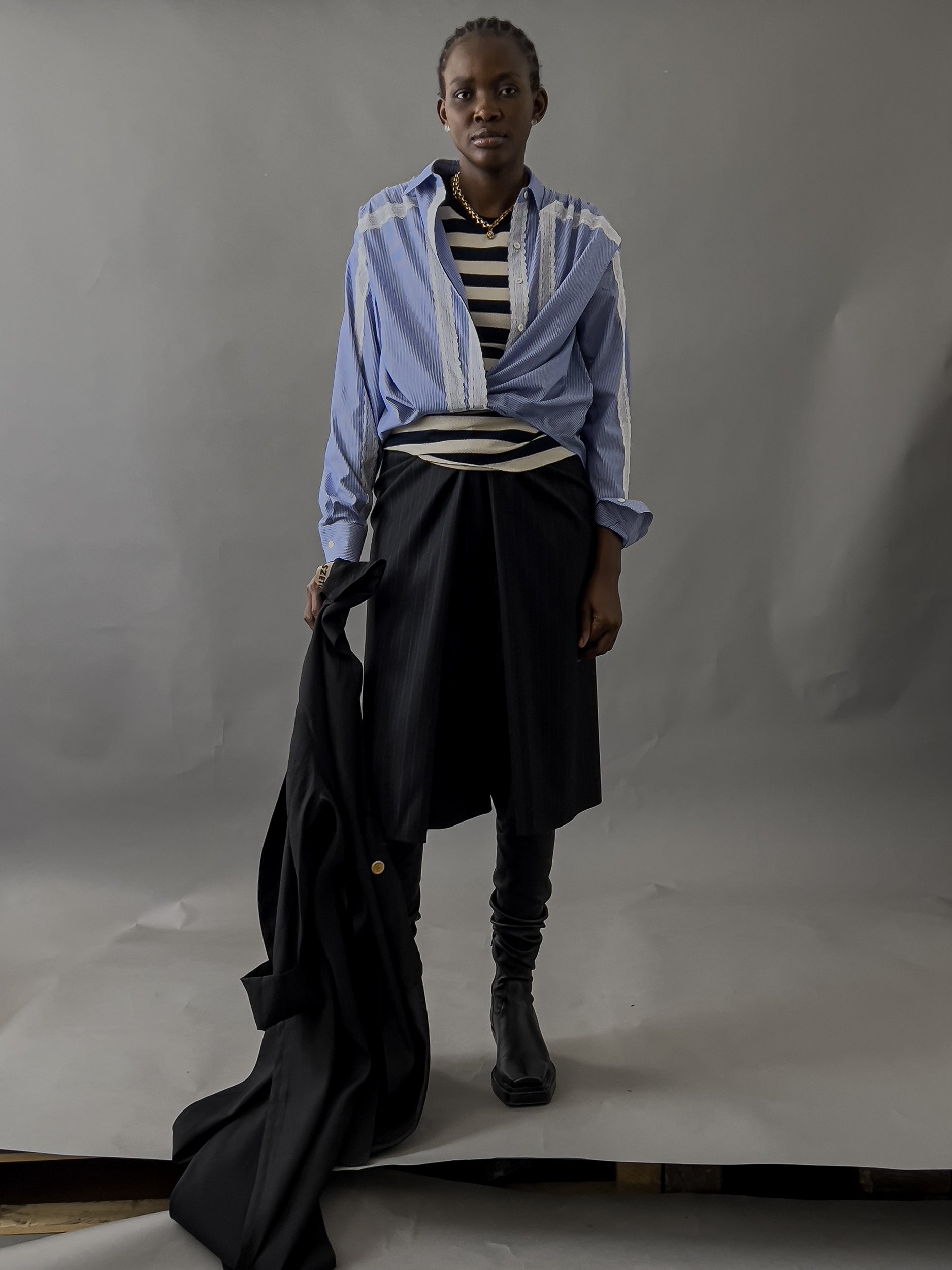 Ref. ZORI TOP 3 - blue & white pinstripe poplin