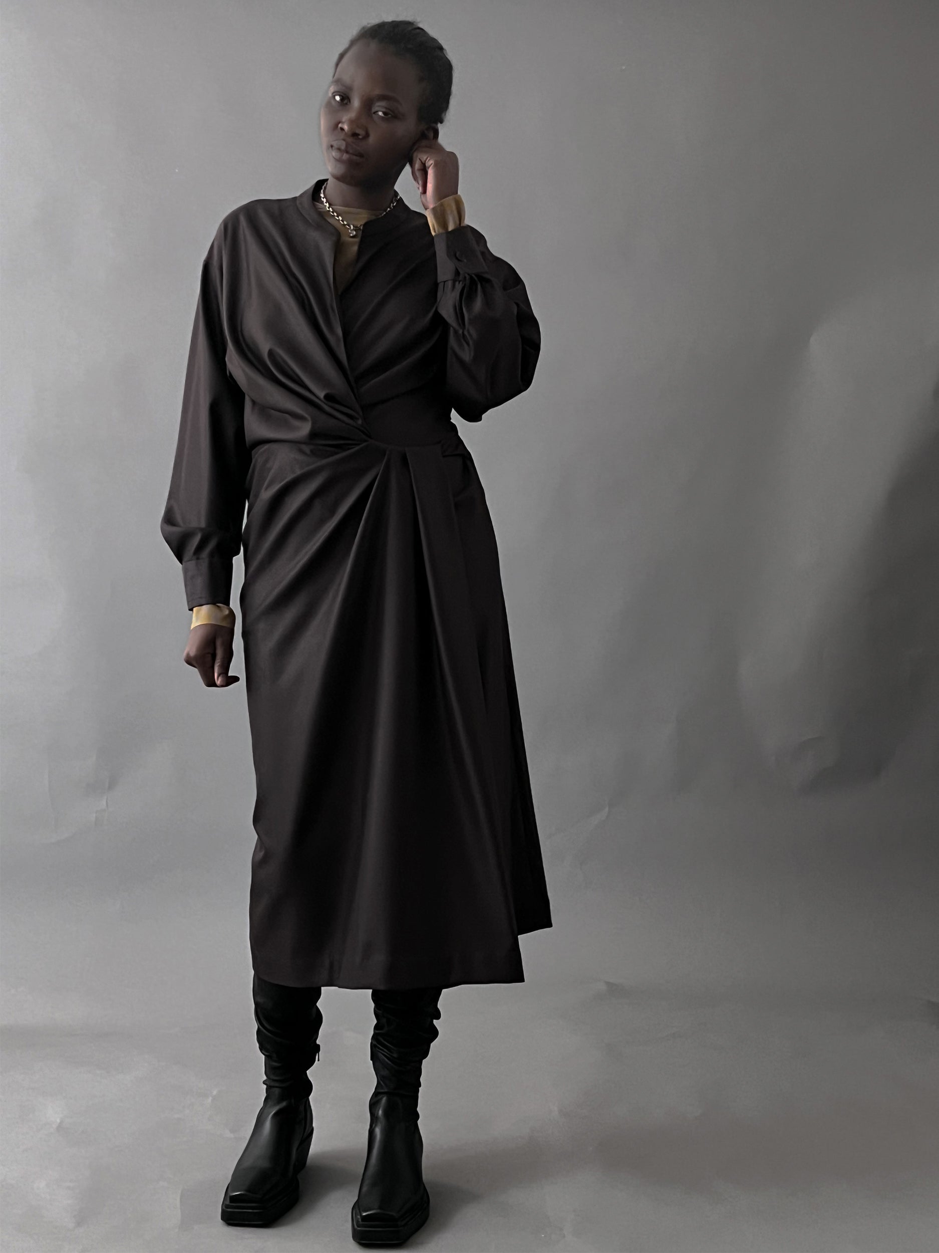 Ref. VIDA DR - brown wool/silk shirt dress