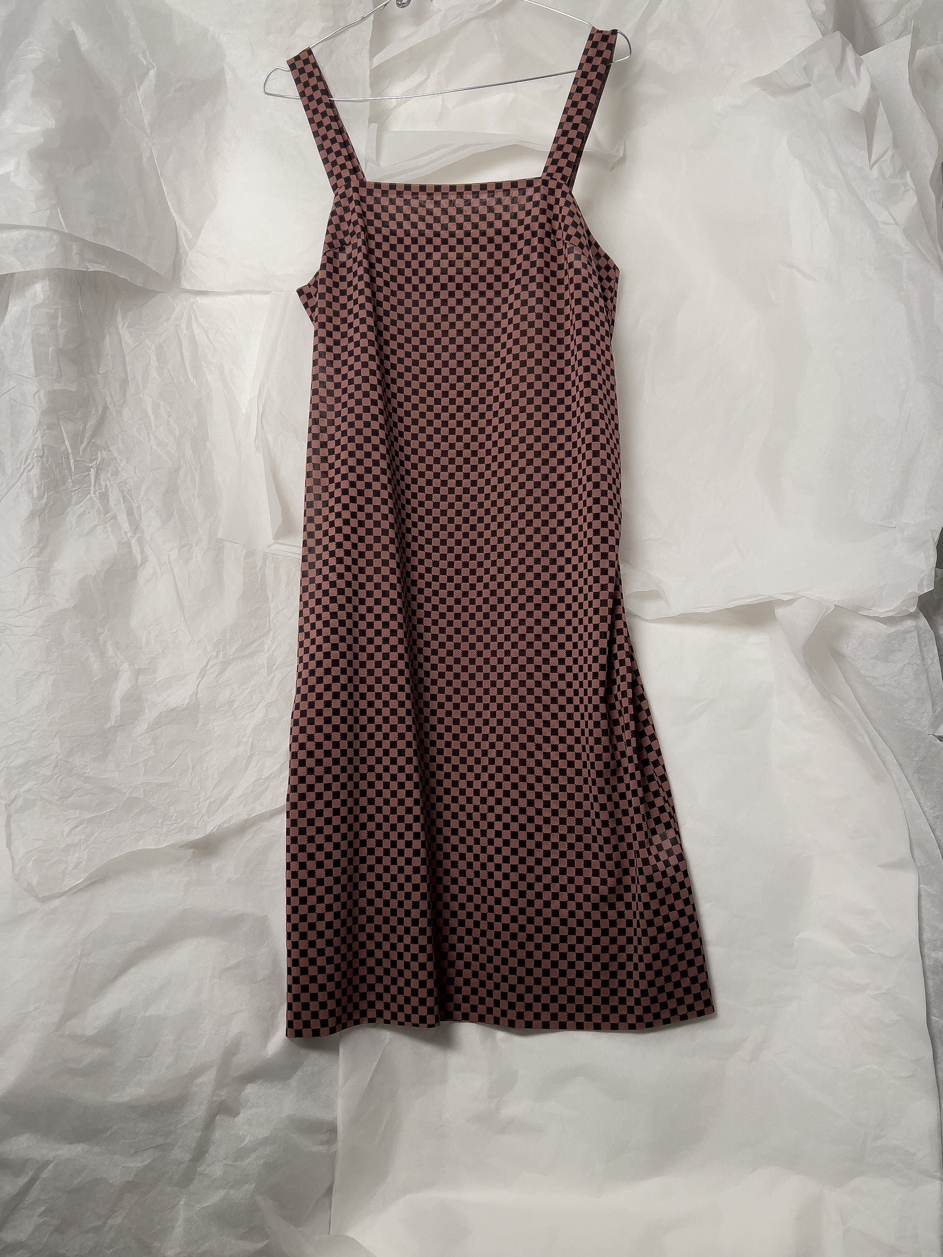 Ref. SLIP DRESS - dusty pink and black checkerboard print silk stretch slip dress