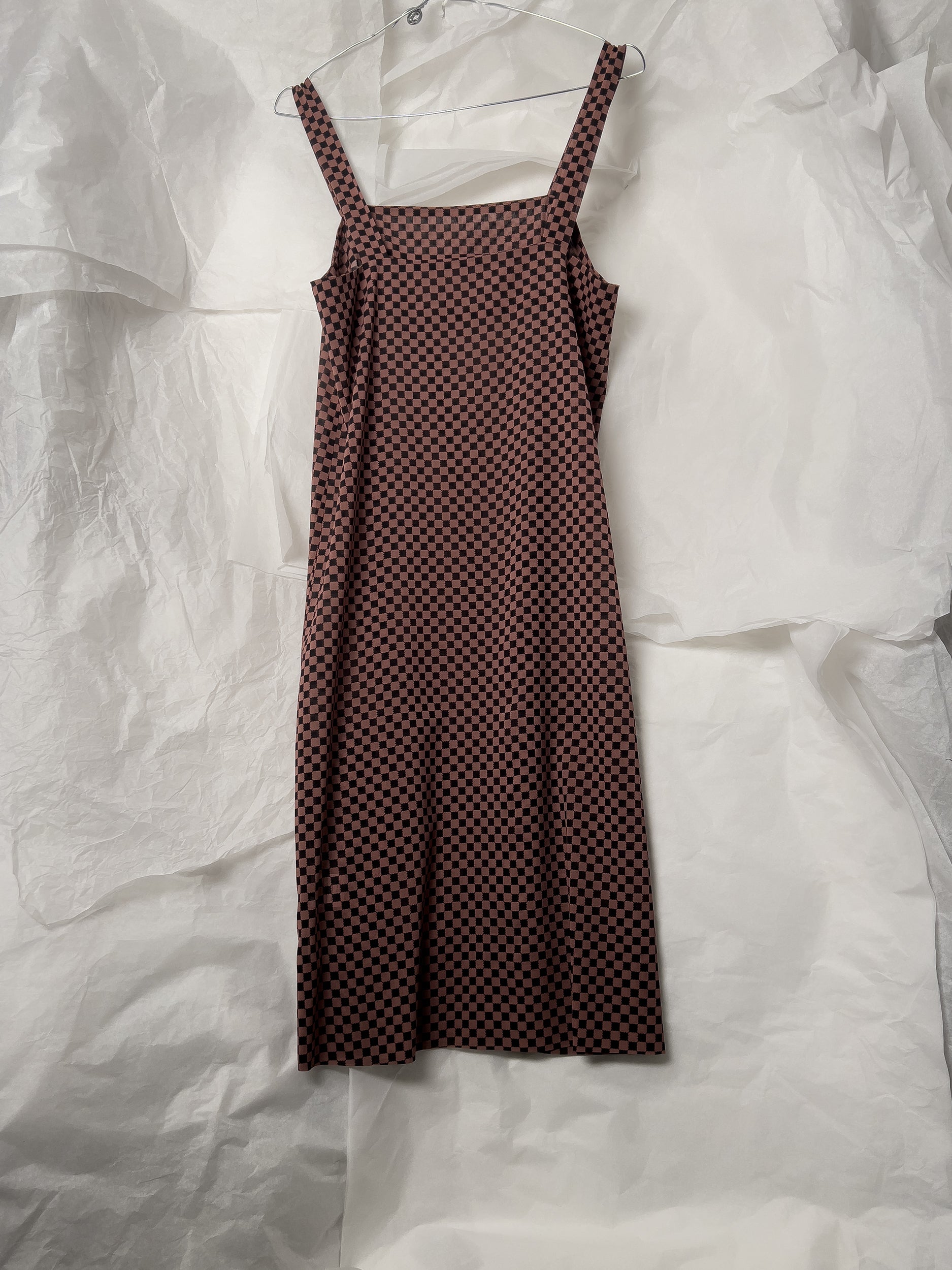 Ref. SLIP DRESS - dusty pink and black checkerboard print silk stretch slip dress