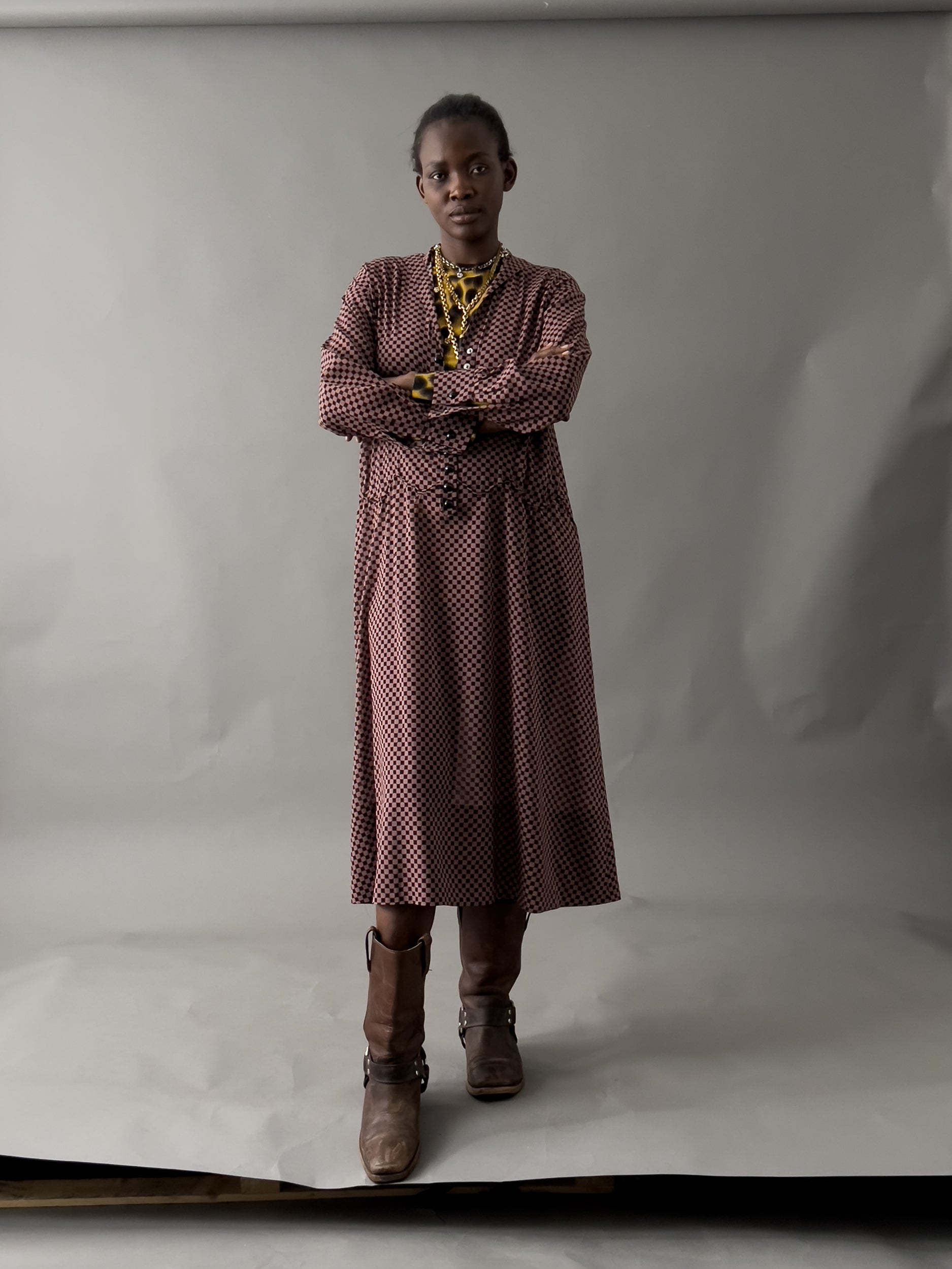 Ref. COUNTRY DR - checkerboard print silk stretch dress