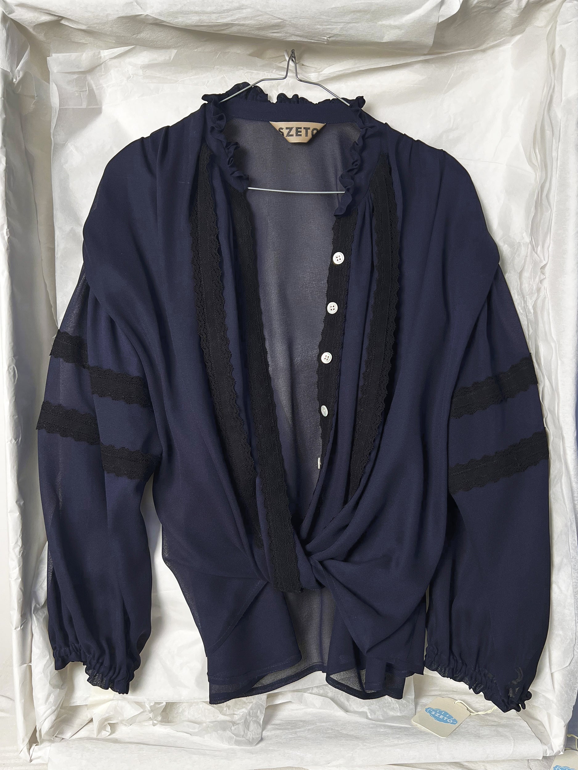 Ref. JANE B TOP - navy & black lace silk blouse