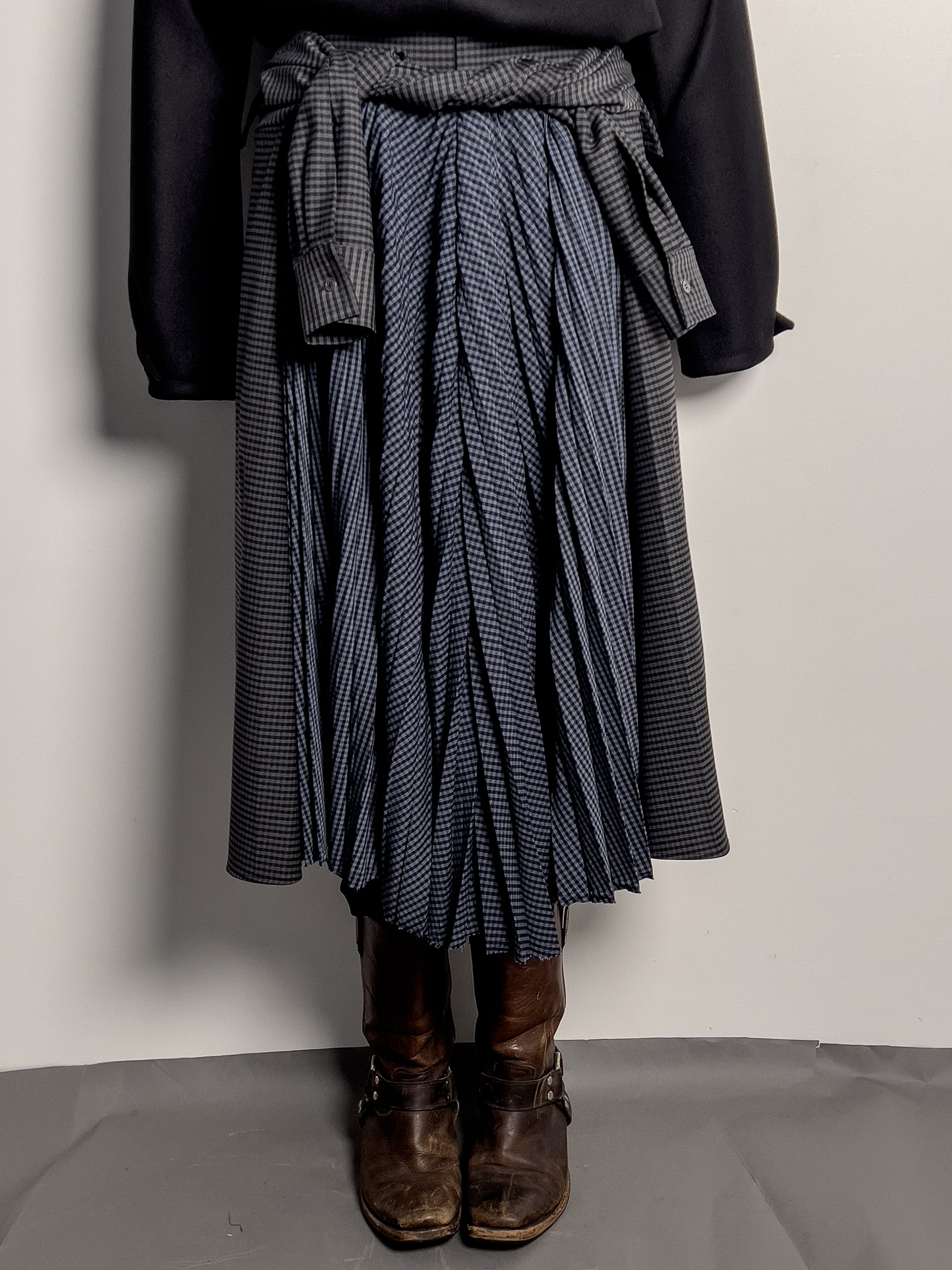 Ref. 2047SK - grey/blue/blk gingham tie front shirt skirt